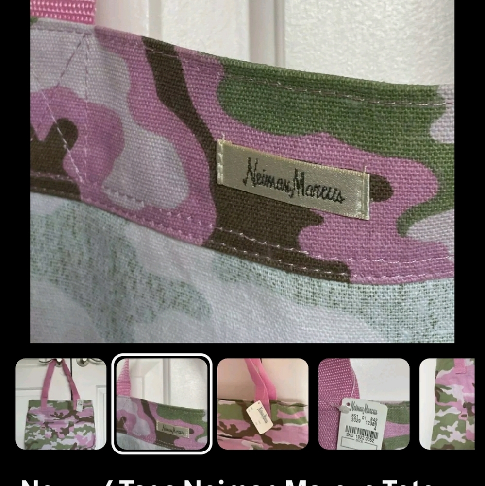 New w/ Tags Neiman Marcus Tote Bag Green and Pink Woodland Camouflage - Picture 6 of 6